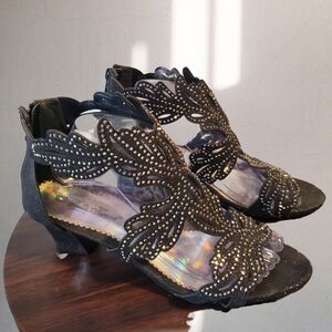 Stylish Black Open-Toe Heels with Beaded Design